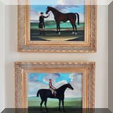 A08. Pair of small oil on canvas equestrian paintings. Signed Borden. 11”h x 13.5” - $225 for the pair